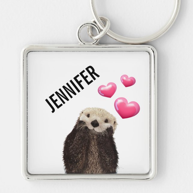 Cute Otter with Pink Love Hearts Key Ring (Front)
