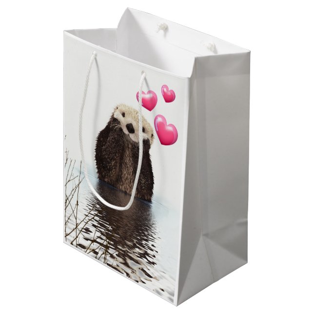 Cute Otter with Pink Love Hearts Medium Gift Bag (Front Angled)