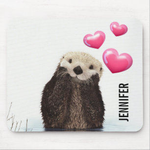 Cute Otter with Pink Love Hearts Mouse Mat