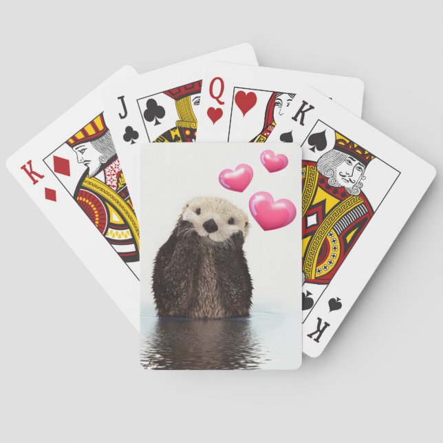 Cute Otter with Pink Love Hearts Playing Cards (Back)