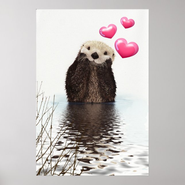 Cute Otter with Pink Love Hearts Poster (Front)