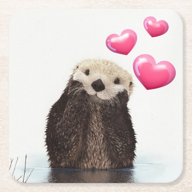 Cute Otter with Pink Love Hearts Square Paper Coaster (Front)