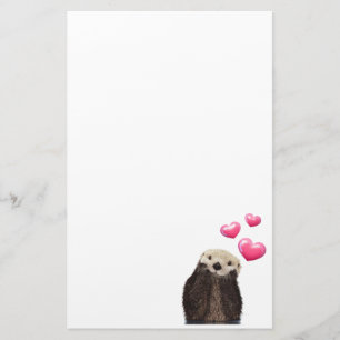 Cute Otter with Pink Love Hearts Stationery