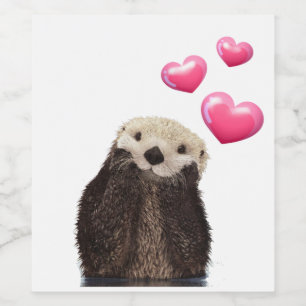 Cute Otter with Pink Love Hearts Wine Label