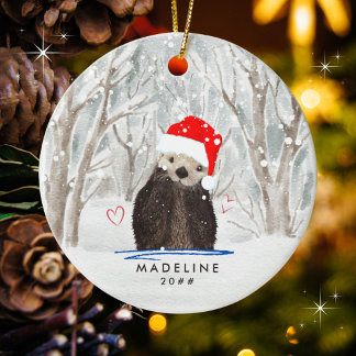 Cute Otter with Santa Hat Kid's Name Ceramic Tree Decoration