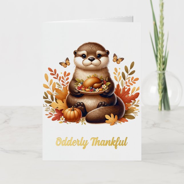 Cute Otter With Thanksgiving Foods and Butterflies Foil Greeting Card (Front)
