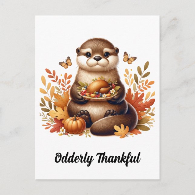 Cute Otter With Thanksgiving Foods and Butterflies Postcard (Front)