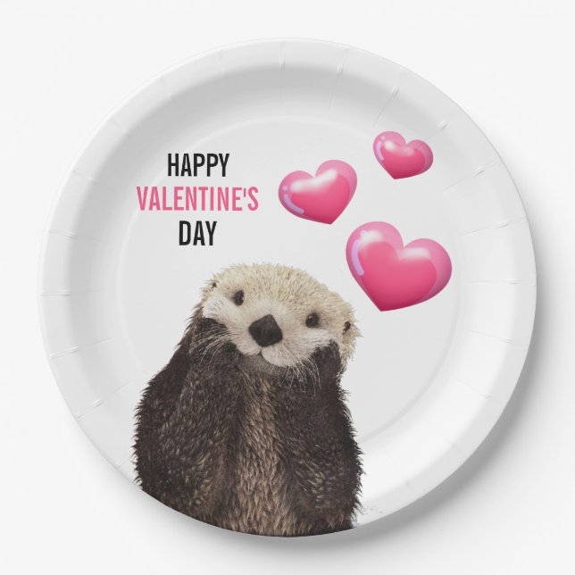 Cute Otter with Valentines Hearts Paper Plate (Front)