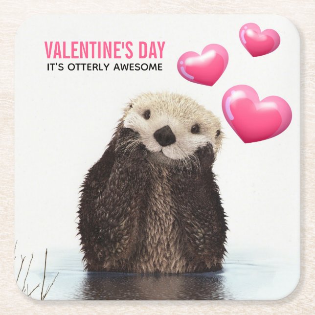 Cute Otter with Valentines Hearts Square Paper Coaster (Front)
