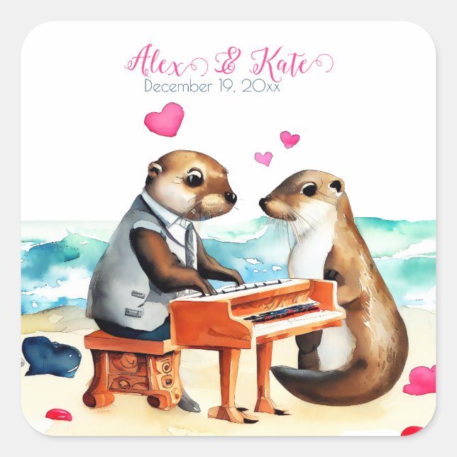 Cute Otters Couple | Romantic Wedding  Square Sticker (Front)
