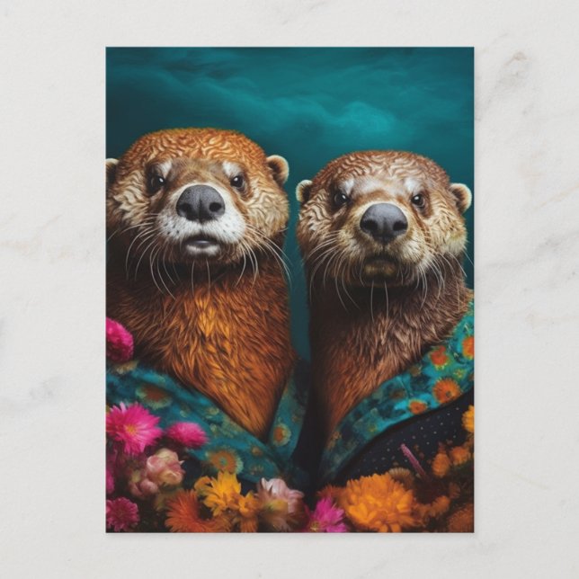 Cute Otters Floral Portrait Postcard (Front)