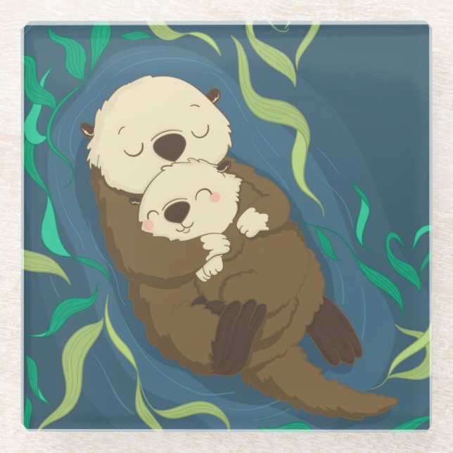 Cute Otters Glass Coaster (Front)