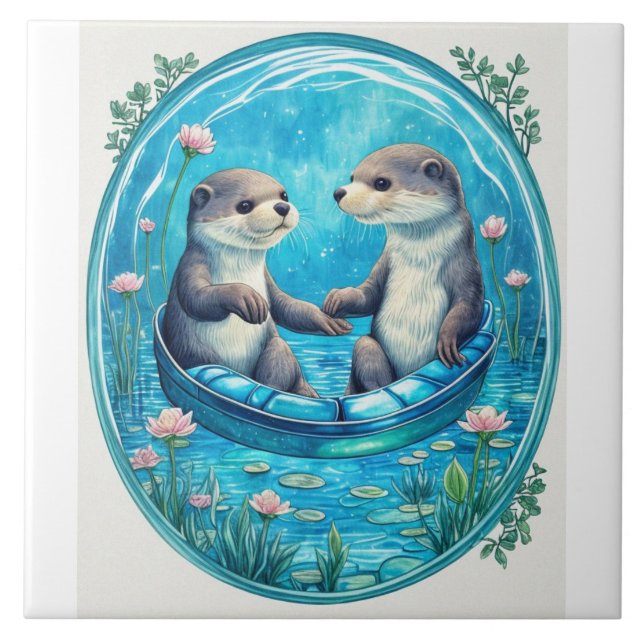 Cute otters holding hands. Blue water lily pads Tile (Front)