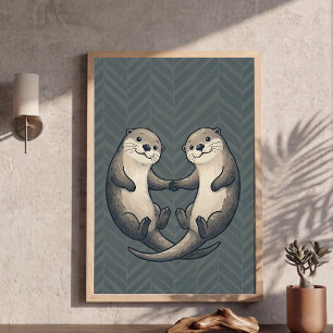Cute Otters Holding Hands Heart Nursery Art Poster