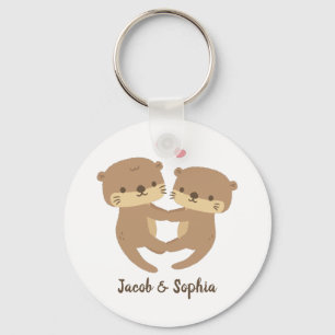 Cute Otters Holding Paws, Couple Personalized Key Ring