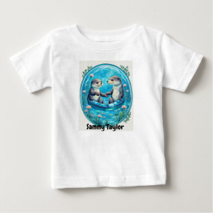 Cute Otters in blue water. Water lily pad Editable Baby T-Shirt