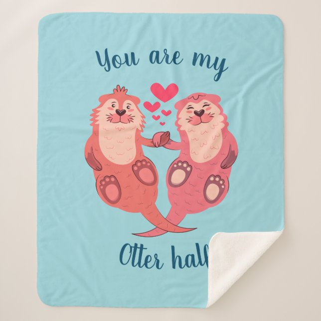 Cute Otters Valentines Day Couple Personalised Sherpa Blanket (Front)