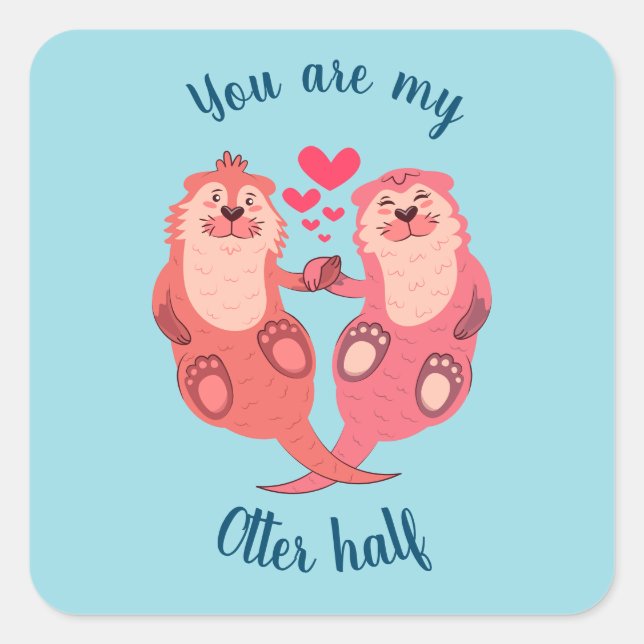 Cute Otters Valentines Day Couple Personalised Square Sticker (Front)