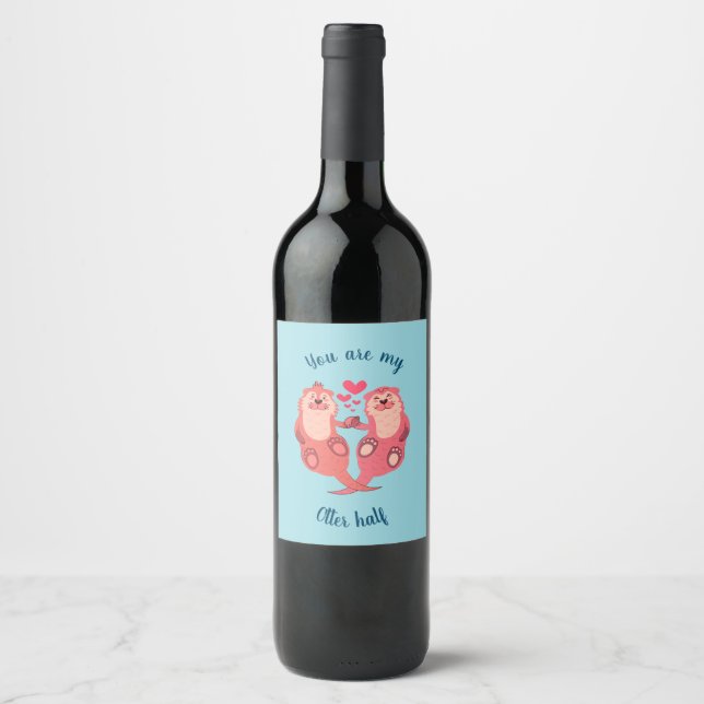 Cute Otters Valentines Day Couple Personalised Wine Label (Front)