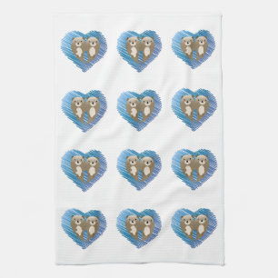 Cute Otters with Blue Heart in the Background Tea Towel