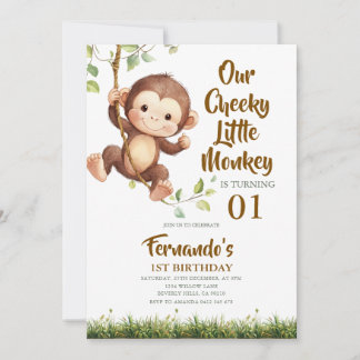 Cute Our Cheeky Little Monkey Safari 1st Birthday Invitation