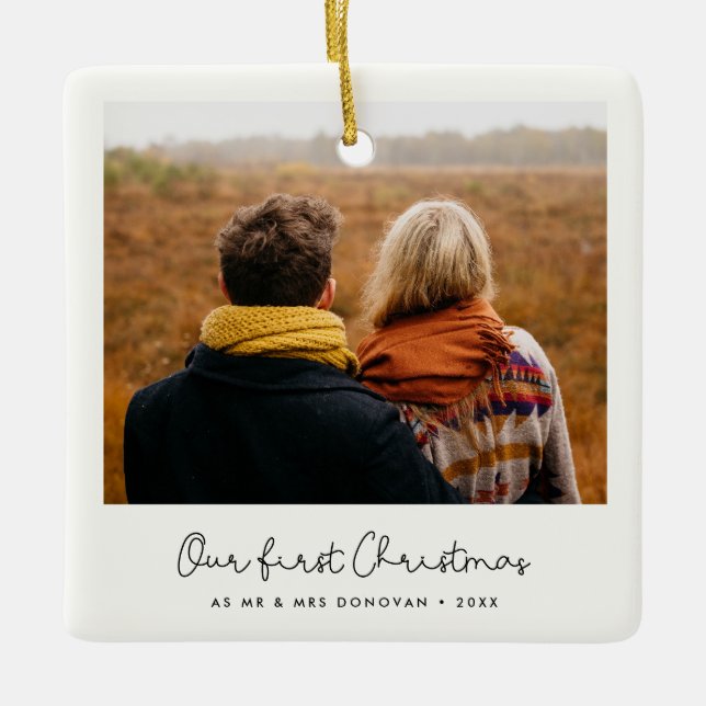 Cute Our First Christmas as Mr and Mrs photo Ceramic Ornament (Front)