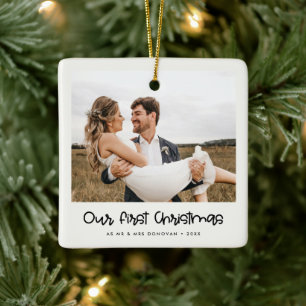 Cute Our First Christmas Couple's photo Ceramic Ornament