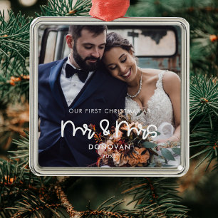 Cute Our First Christmas wedding photo Metal Tree Decoration