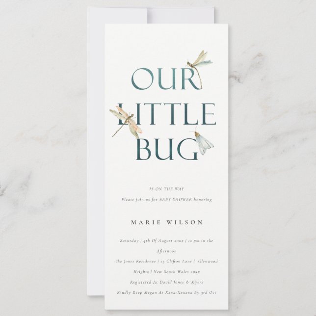 Cute Our Little Bug Blue Dragonfly Baby Shower Invitation (Front)