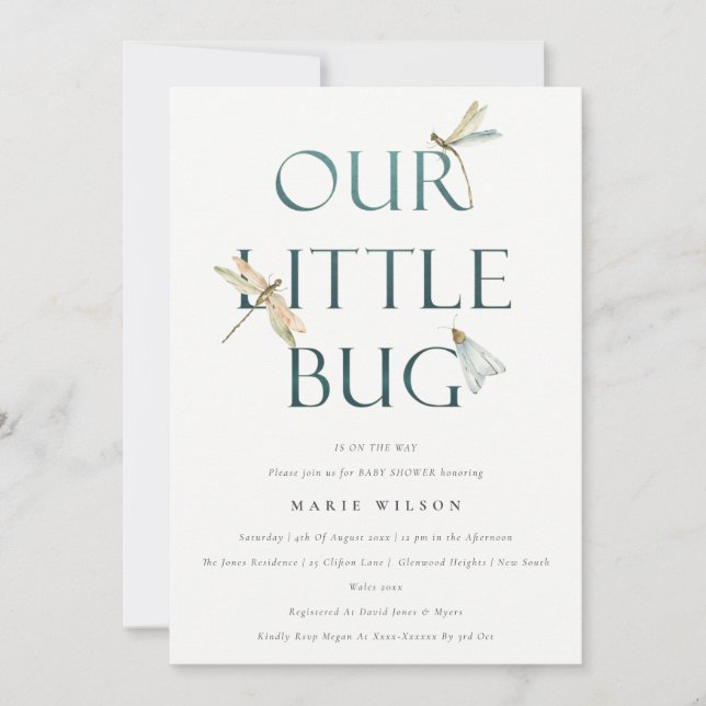 Cute Our Little Bug Blue Dragonfly Baby Shower Invitation (Front)