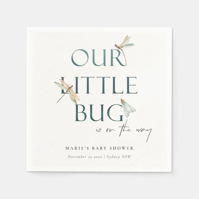 Cute Our Little Bug Blue Dragonfly Baby Shower Napkin (Front)