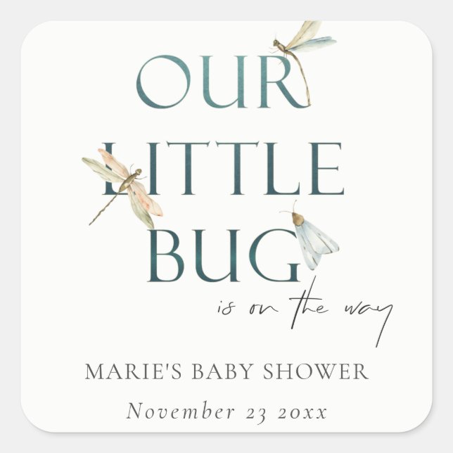Cute Our Little Bug Blue Dragonfly Baby Shower Square Sticker (Front)