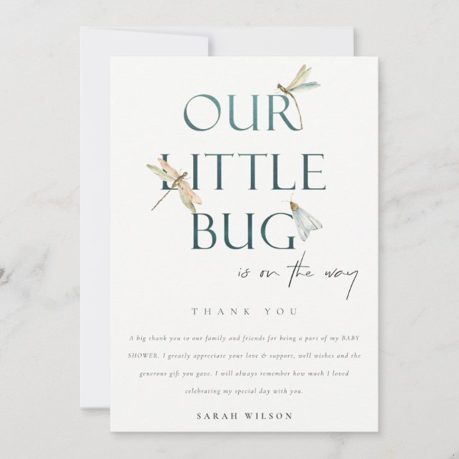 Cute Our Little Bug Blue Dragonfly Baby Shower Thank You Card (Front)
