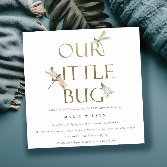 Cute Our Little Bug Gold Dragonfly Baby Shower Invitation (Creator Uploaded)