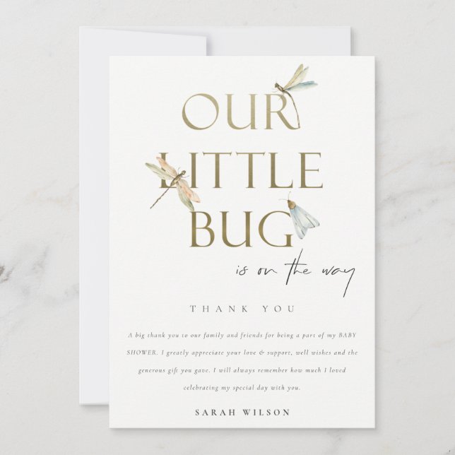 Cute Our Little Bug Gold Dragonfly Baby Shower Thank You Card (Front)