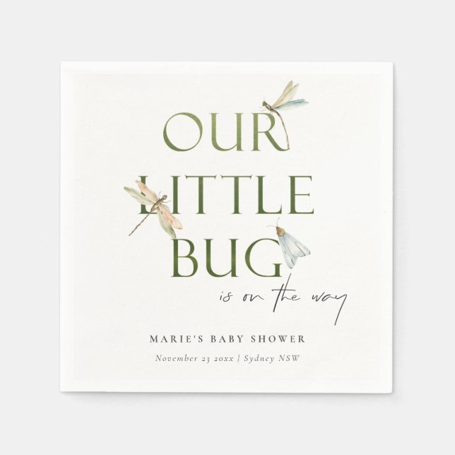 Cute Our Little Bug Green Dragonfly Baby Shower Napkin (Front)