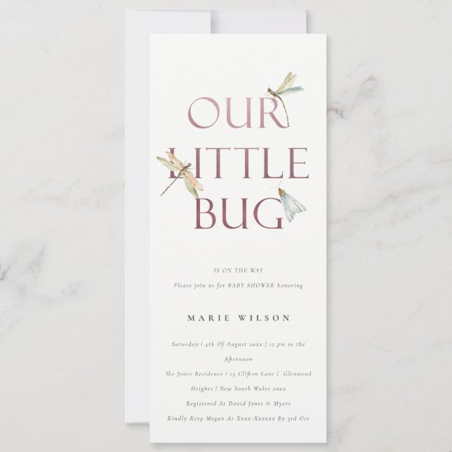 Cute Our Little Bug Pink Dragonfly Baby Shower Invitation (Front)