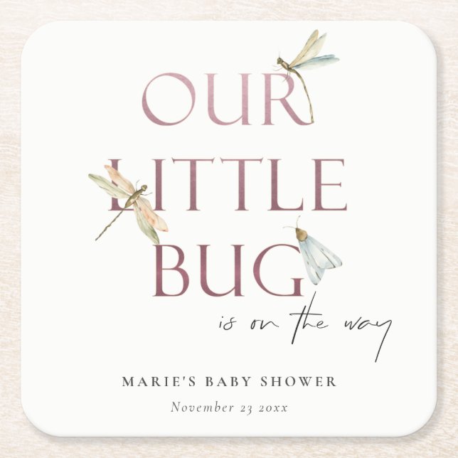 Cute Our Little Bug Pink Dragonfly Baby Shower Square Paper Coaster (Front)