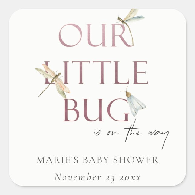 Cute Our Little Bug Pink Dragonfly Baby Shower Square Sticker (Front)