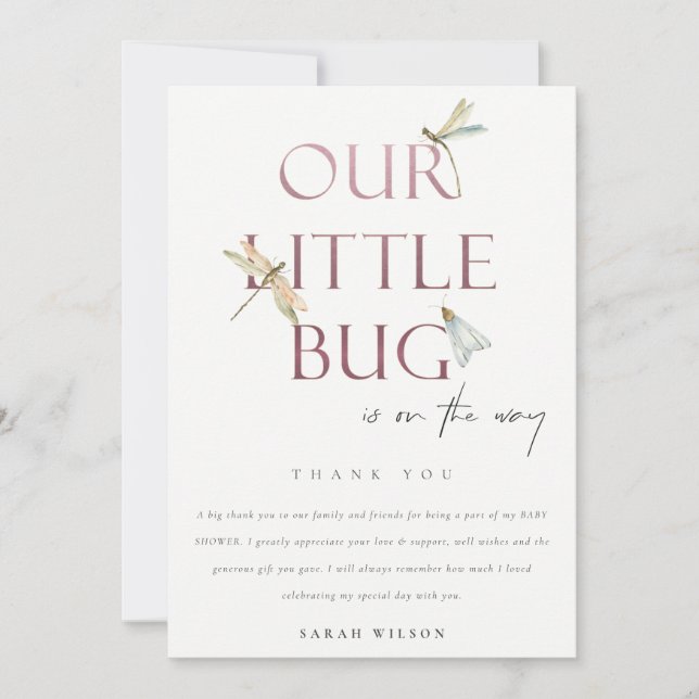 Cute Our Little Bug Pink Dragonfly Baby Shower Thank You Card (Front)