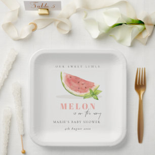 Cute Our Little Melon Watercolor Red Baby Shower Paper Plate