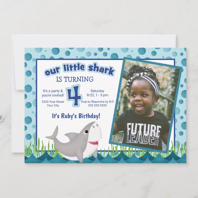 Cute Our Little Shark Ocean Photo 4th Birthday Invitation (Front)