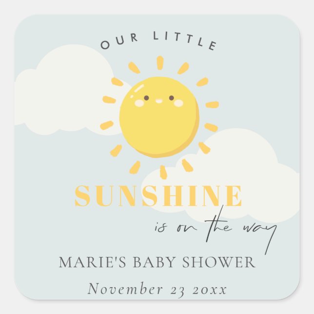 Cute Our Little Sunshine Blue Boy Baby Shower Square Sticker (Front)