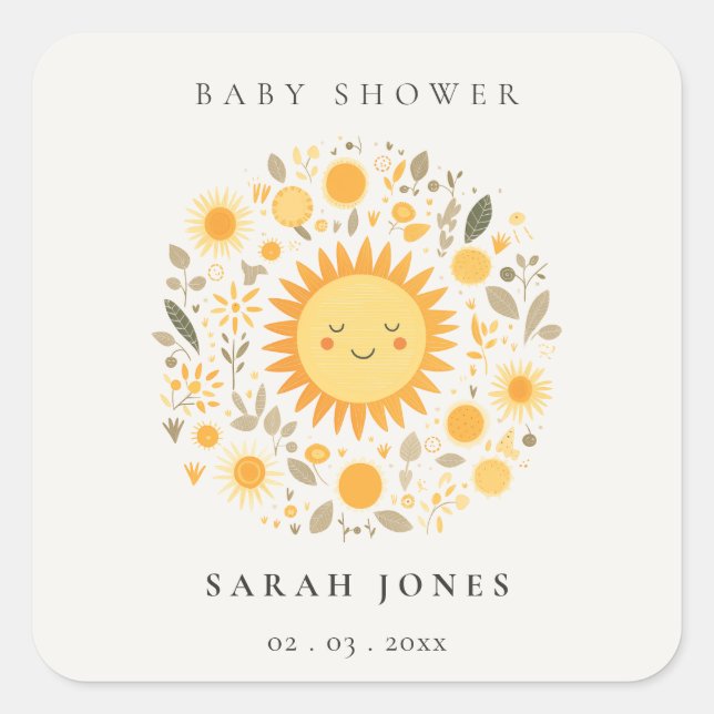 Cute Our Little Sunshine Boho Sun Baby Shower Square Sticker (Front)