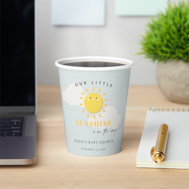 Cute Our Little Sunshine Boy Blue Baby Shower Paper Cups (Insitu)