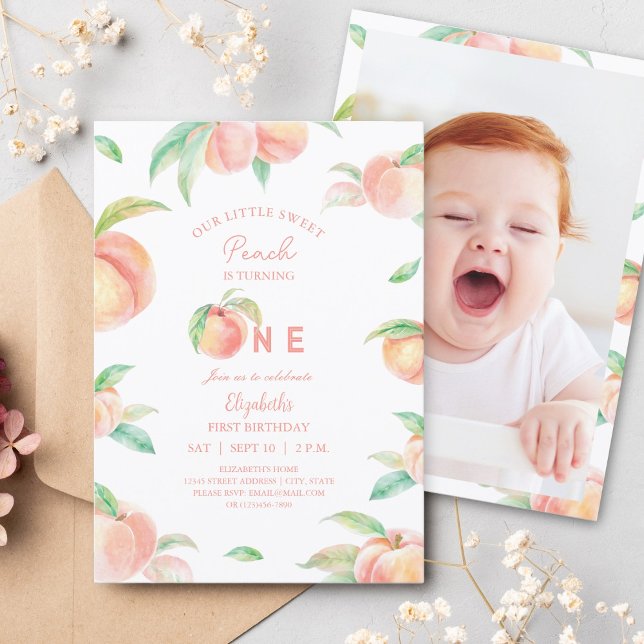 Cute Our Little Sweet Peach is One Birthday Photo Invitation (Creator Uploaded)