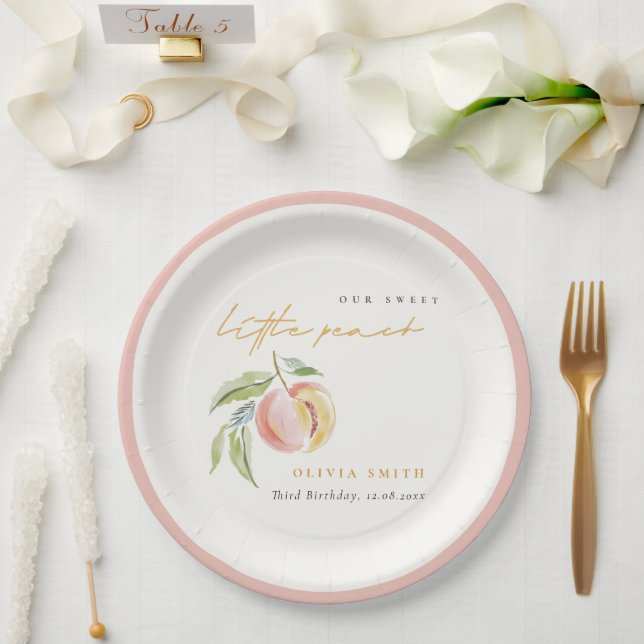 Cute Our Little Sweet Peach Watercolor Birthday Paper Plate (Wedding)