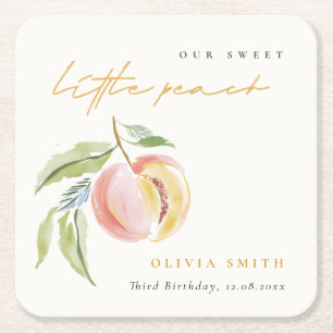 Cute Our Little Sweet Peach Watercolor Birthday Square Paper Coaster