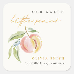 Cute Our Little Sweet Peach Watercolor Birthday Square Sticker