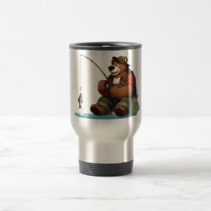 Cute, outdoorsman bear fishing travel mug